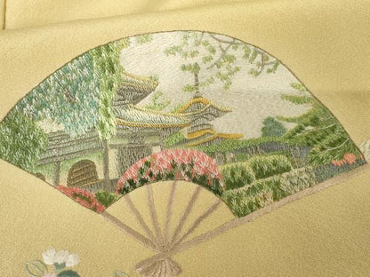 平和屋着物●中国国宝刺繍 乱針刺繍 総刺繍 訪問着 扇面風景草花文 金糸 正絹 逸品 AABF6615cs