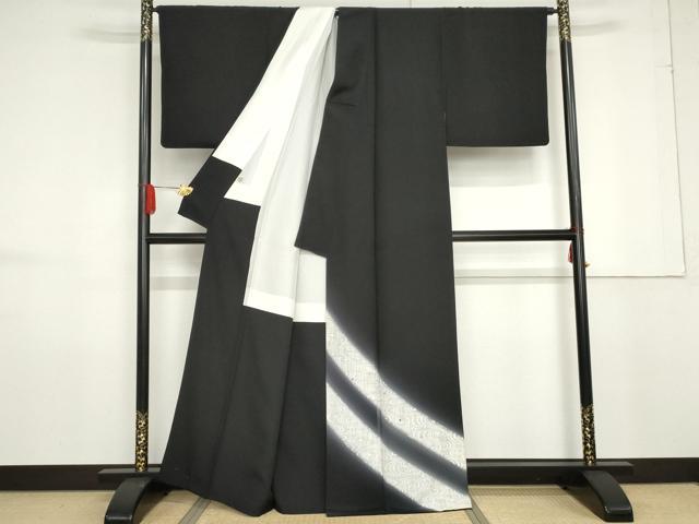 平和屋着物●訪問着　流水文　暈し染め　黒地　金糸　銀彩　正絹　逸品　AABF6627cs