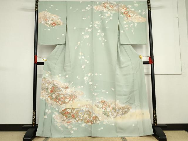 平和屋着物●訪問着　友禅　雲取り枝花文　暈し染め　金銀彩　正絹　逸品　AABF6629cs