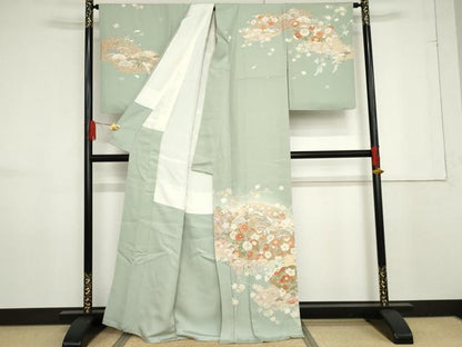 平和屋着物●訪問着　友禅　雲取り枝花文　暈し染め　金銀彩　正絹　逸品　AABF6629cs