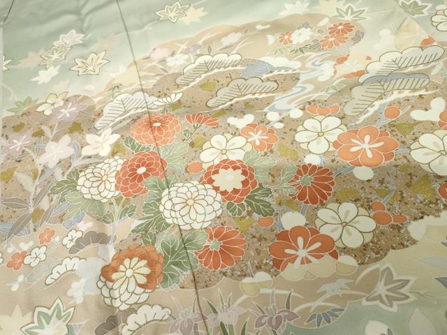 平和屋着物●訪問着　友禅　雲取り枝花文　暈し染め　金銀彩　正絹　逸品　AABF6629cs