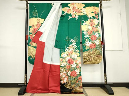 平和屋着物●豪華振袖　雲取り流水草花文　金彩　正絹　逸品　AABF6632cs