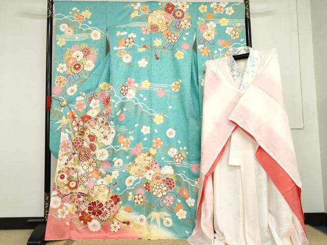 平和屋着物●豪華振袖・長襦袢(無双仕立て)セット　雪輪吉祥草花文　暈し染め　金彩　半衿刺繍　正絹　逸品　AABF6635cs