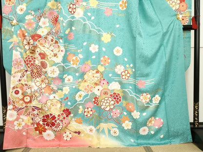 平和屋着物●豪華振袖・長襦袢(無双仕立て)セット　雪輪吉祥草花文　暈し染め　金彩　半衿刺繍　正絹　逸品　AABF6635cs