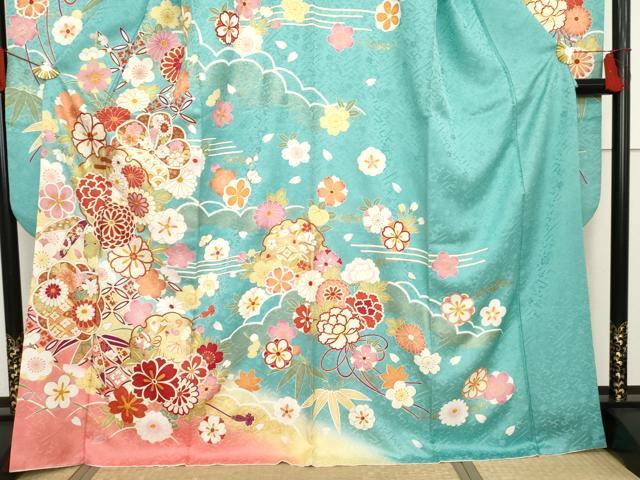 平和屋着物●豪華振袖・長襦袢(無双仕立て)セット　雪輪吉祥草花文　暈し染め　金彩　半衿刺繍　正絹　逸品　AABF6635cs