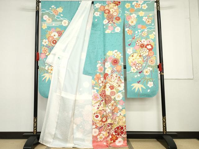平和屋着物●豪華振袖・長襦袢(無双仕立て)セット　雪輪吉祥草花文　暈し染め　金彩　半衿刺繍　正絹　逸品　AABF6635cs