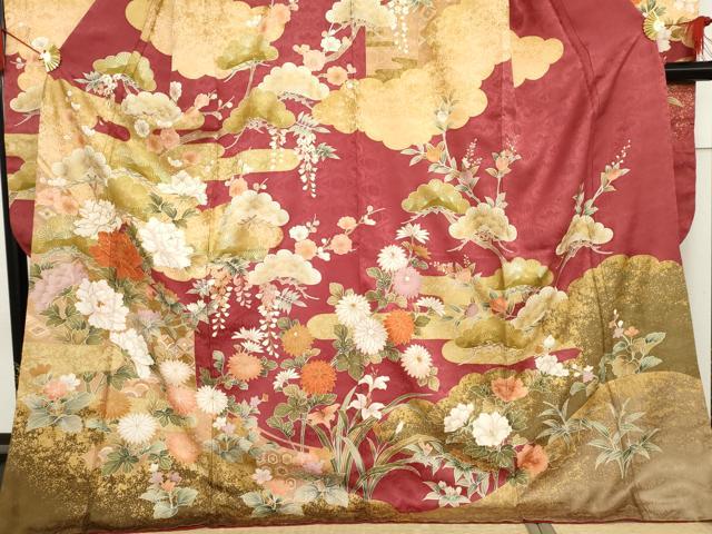 平和屋着物●豪華振袖　駒刺繍　吉祥花松文　金彩　ロング丈　正絹　逸品　AABF6636cs