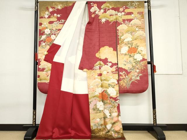 平和屋着物●豪華振袖　駒刺繍　吉祥花松文　金彩　ロング丈　正絹　逸品　AABF6636cs