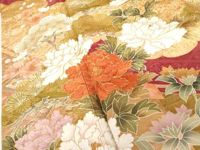 平和屋着物●豪華振袖　駒刺繍　吉祥花松文　金彩　ロング丈　正絹　逸品　AABF6636cs