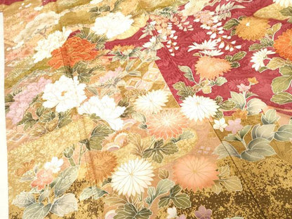 平和屋着物●豪華振袖　駒刺繍　吉祥花松文　金彩　ロング丈　正絹　逸品　AABF6636cs