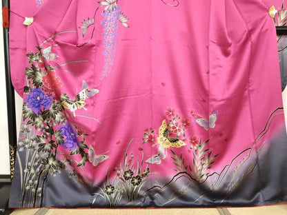 平和屋着物●豪華振袖　花蝶文　暈し染め　銀通し地　正絹　逸品　AABF6637cs