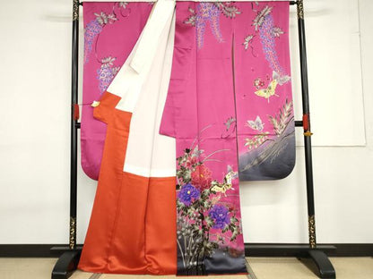 平和屋着物●豪華振袖　花蝶文　暈し染め　銀通し地　正絹　逸品　AABF6637cs