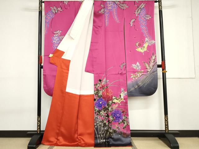 平和屋着物●豪華振袖　花蝶文　暈し染め　銀通し地　正絹　逸品　AABF6637cs