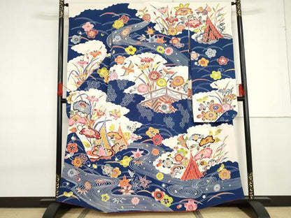 平和屋着物●豪華振袖　型染め　流水花鳥文　正絹　逸品　AABF6639cs