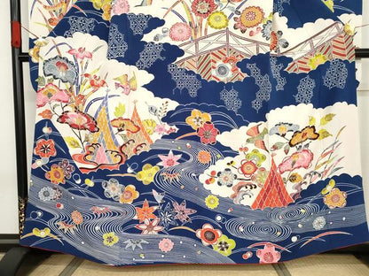 平和屋着物●豪華振袖　型染め　流水花鳥文　正絹　逸品　AABF6639cs