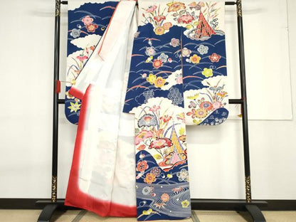 平和屋着物●豪華振袖　型染め　流水花鳥文　正絹　逸品　AABF6639cs