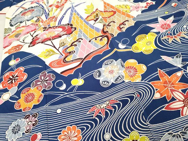 平和屋着物●豪華振袖　型染め　流水花鳥文　正絹　逸品　AABF6639cs