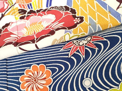 平和屋着物●豪華振袖　型染め　流水花鳥文　正絹　逸品　AABF6639cs