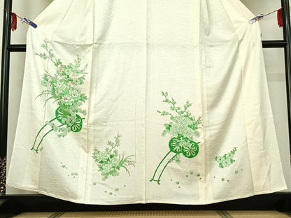 平和屋着物▽訪問着 単衣 刺繍 手描き 花車文 正絹 逸品 AABF6643jh