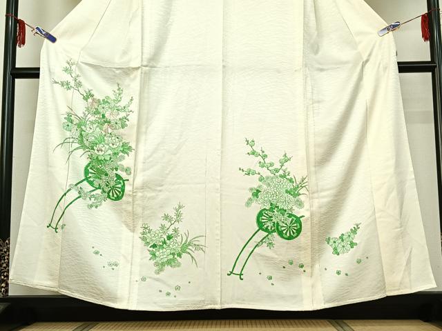 平和屋着物▽訪問着 単衣 刺繍 手描き 花車文 正絹 逸品 AABF6643jh