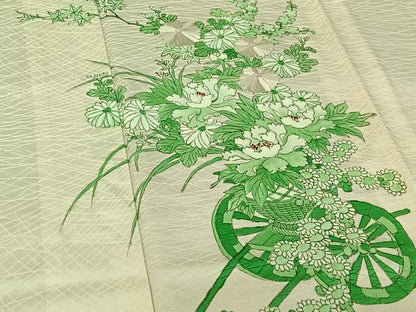 平和屋着物▽訪問着 単衣 刺繍 手描き 花車文 正絹 逸品 AABF6643jh