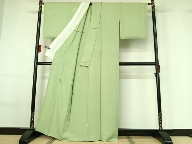 平和屋着物▽上質な色無地 単衣 総刺繍 草花地紋 山葵色 正絹 逸品 AABF6644jh