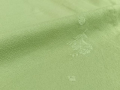 平和屋着物▽上質な色無地 単衣 総刺繍 草花地紋 山葵色 正絹 逸品 AABF6644jh