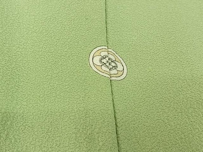 平和屋着物▽上質な色無地 単衣 総刺繍 草花地紋 山葵色 正絹 逸品 AABF6644jh
