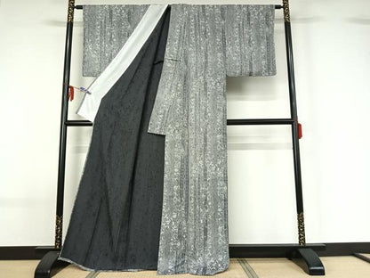 平和屋着物▽お召 単衣 天目織 草花文 正絹 逸品 AABF6649jh