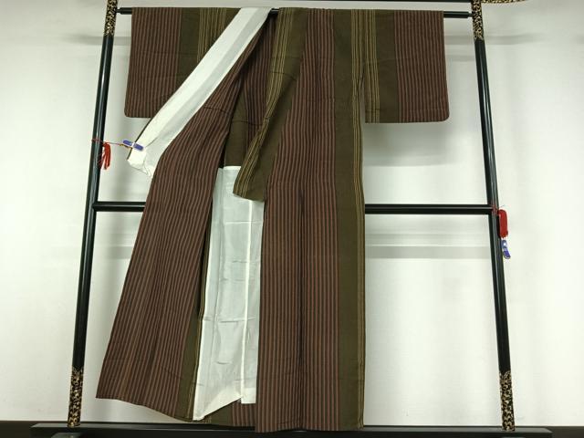 平和屋着物▽上質な紬　単衣　間道　正絹　逸品　AABF6653jh