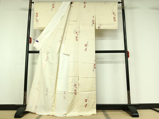平和屋着物▽上質な小紋　単衣　手描き　短冊花文　金彩　正絹　逸品　AABF6655jh