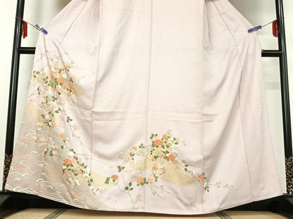 平和屋着物▽訪問着　単衣　扇面花文　金彩　小田急百貨店扱い　正絹　逸品　AABF6657jh
