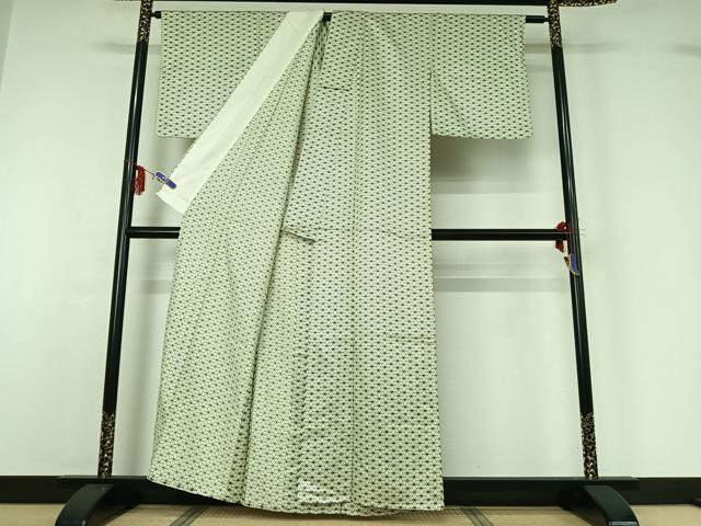 平和屋着物▽上質な小紋 単衣 麻の葉文様 正絹 逸品 AABF6663jh