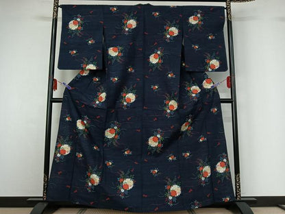 平和屋着物▽上質な紬 単衣 雪輪花文 正絹 逸品 AABF6668jh