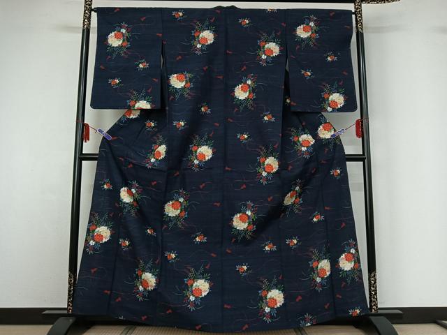 平和屋着物▽上質な紬 単衣 雪輪花文 正絹 逸品 AABF6668jh