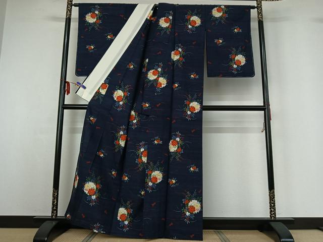 平和屋着物▽上質な紬 単衣 雪輪花文 正絹 逸品 AABF6668jh