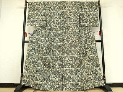 平和屋着物▽上質な紬 単衣 本藍 型絵染め 花唐草文 魚 正絹 逸品 AABF6670jh