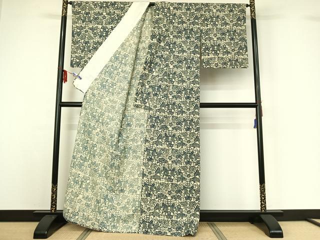 平和屋着物▽上質な紬 単衣 本藍 型絵染め 花唐草文 魚 正絹 逸品 AABF6670jh