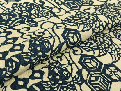 平和屋着物▽上質な紬 単衣 本藍 型絵染め 花唐草文 魚 正絹 逸品 AABF6670jh