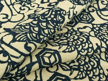 平和屋着物▽上質な紬 単衣 本藍 型絵染め 花唐草文 魚 正絹 逸品 AABF6670jh