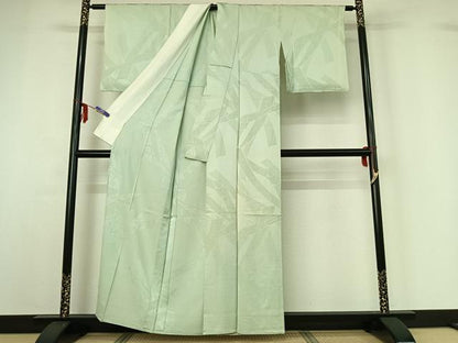 平和屋着物▽上質な色無地　単衣　束ね熨斗花地紋　白緑色　正絹　逸品　AABF6673jh