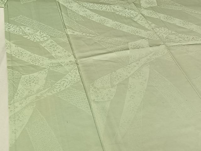 平和屋着物▽上質な色無地　単衣　束ね熨斗花地紋　白緑色　正絹　逸品　AABF6673jh