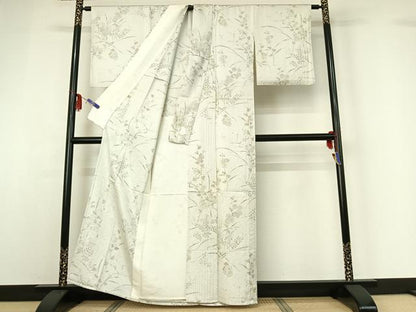 平和屋着物▽上質な小紋 単衣 紬地 手描き 草花文 金彩 正絹 逸品 AABF6678jh