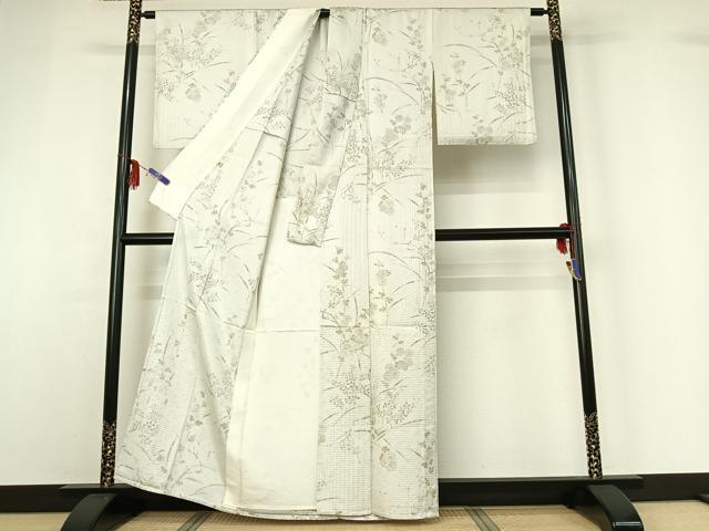 平和屋着物▽上質な小紋 単衣 紬地 手描き 草花文 金彩 正絹 逸品 AABF6678jh