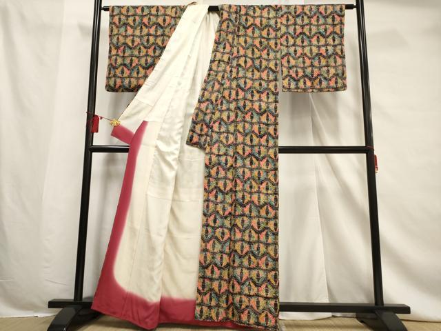 平和屋着物■上質な小紋 亀甲双蝶文 黒地 正絹 逸品 AABF6749br