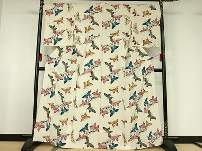 平和屋着物▽上質な小紋 単衣 型染め 舞蝶文 正絹 逸品 AABF6765jh