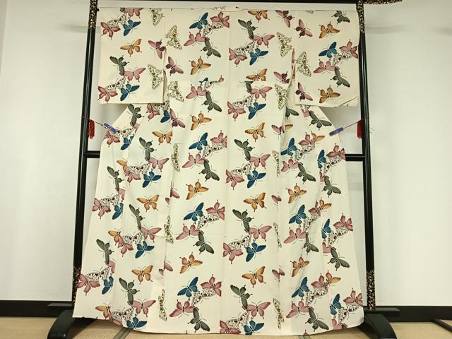 平和屋着物▽上質な小紋 単衣 型染め 舞蝶文 正絹 逸品 AABF6765jh