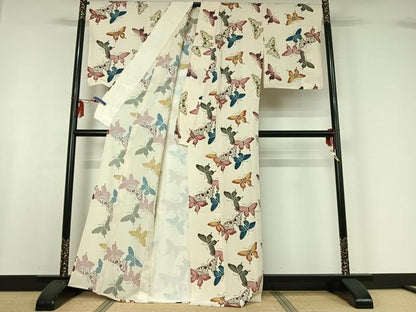 平和屋着物▽上質な小紋 単衣 型染め 舞蝶文 正絹 逸品 AABF6765jh