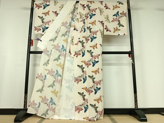 平和屋着物▽上質な小紋 単衣 型染め 舞蝶文 正絹 逸品 AABF6765jh