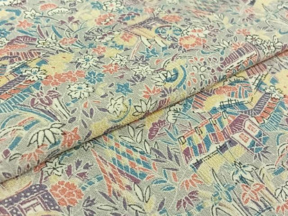 平和屋着物▽上質な小紋 単衣 風景花文 正絹 逸品 AABF6766jh